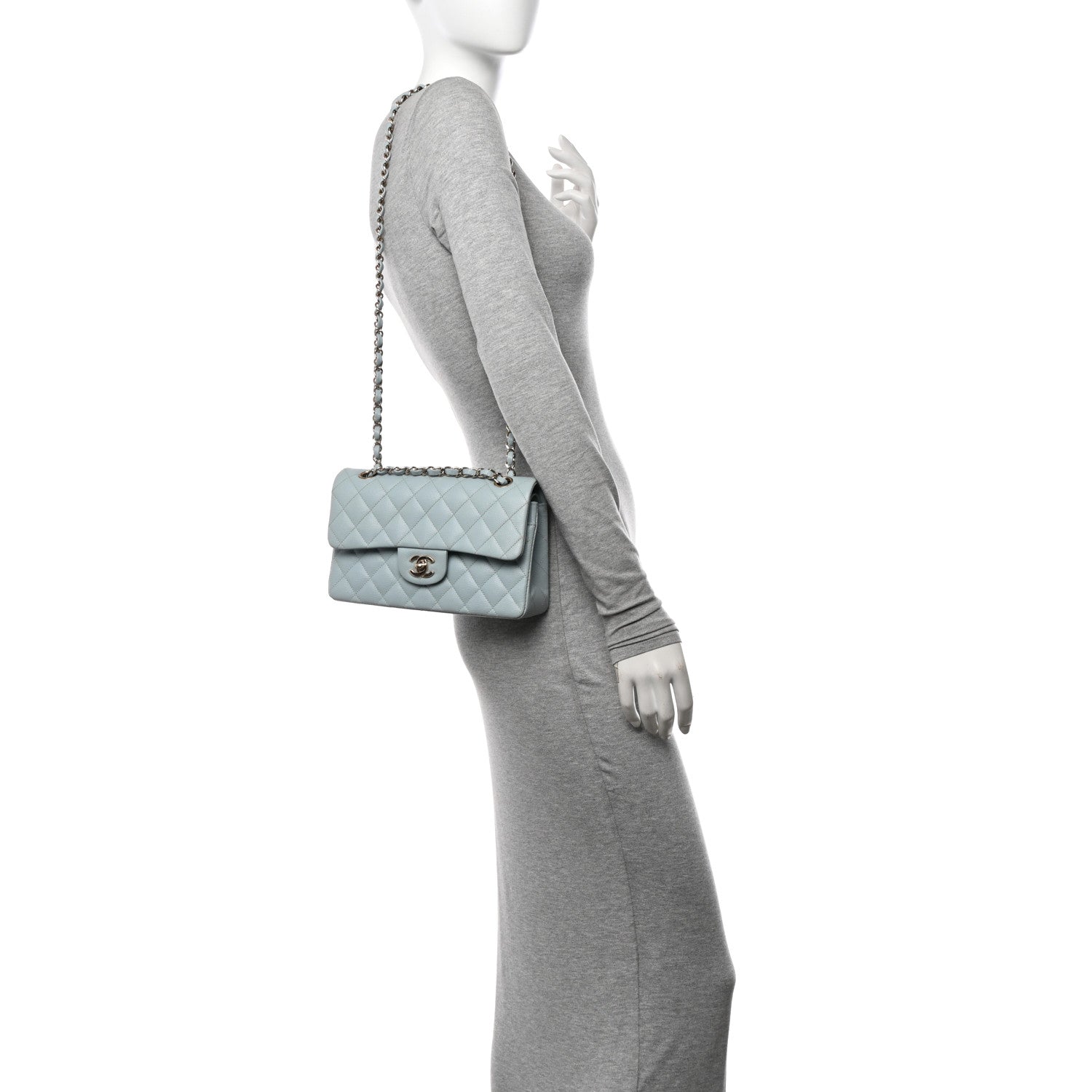 Caviar Quilted Small Double Flap Light Blue