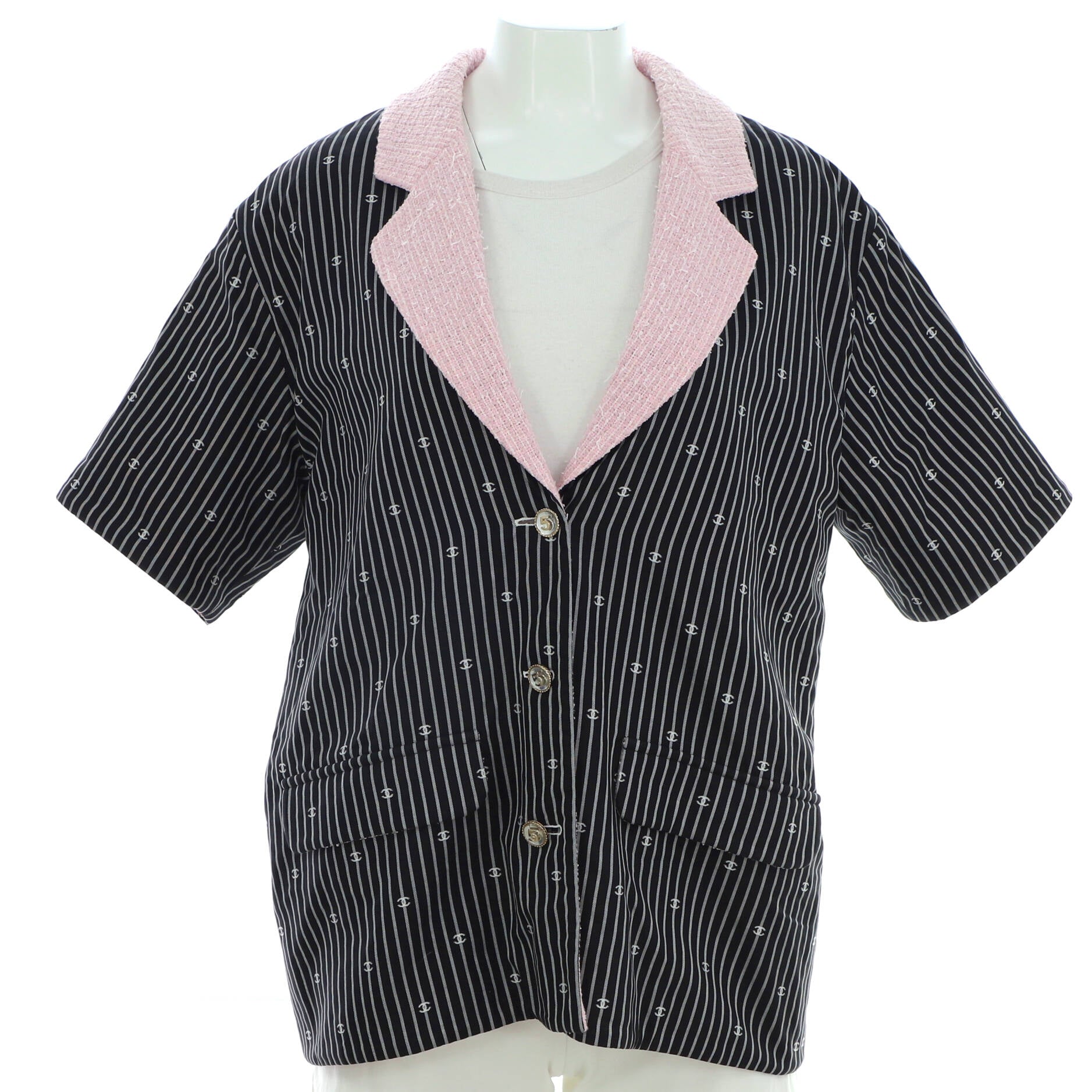 Women's Short Sleeve Pointed Collar Jacket CC Stripe Printed Cotton with Tweed