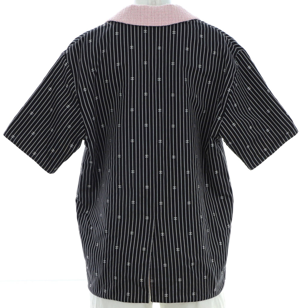 Women's Short Sleeve Pointed Collar Jacket CC Stripe Printed Cotton with Tweed