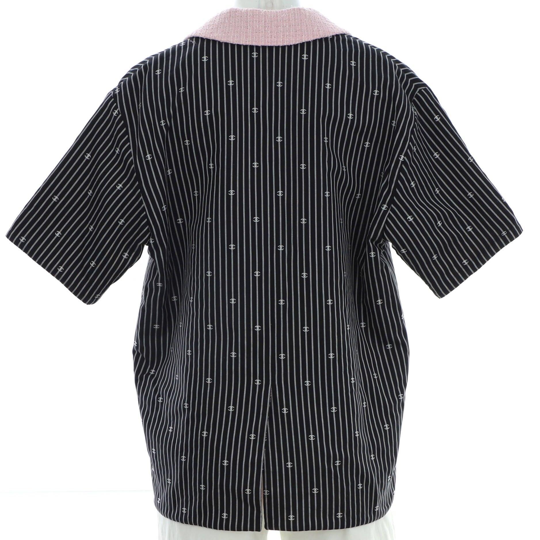 Women's Short Sleeve Pointed Collar Jacket CC Stripe Printed Cotton with Tweed