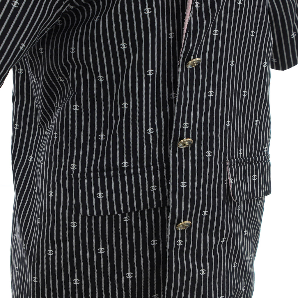 Women's Short Sleeve Pointed Collar Jacket CC Stripe Printed Cotton with Tweed