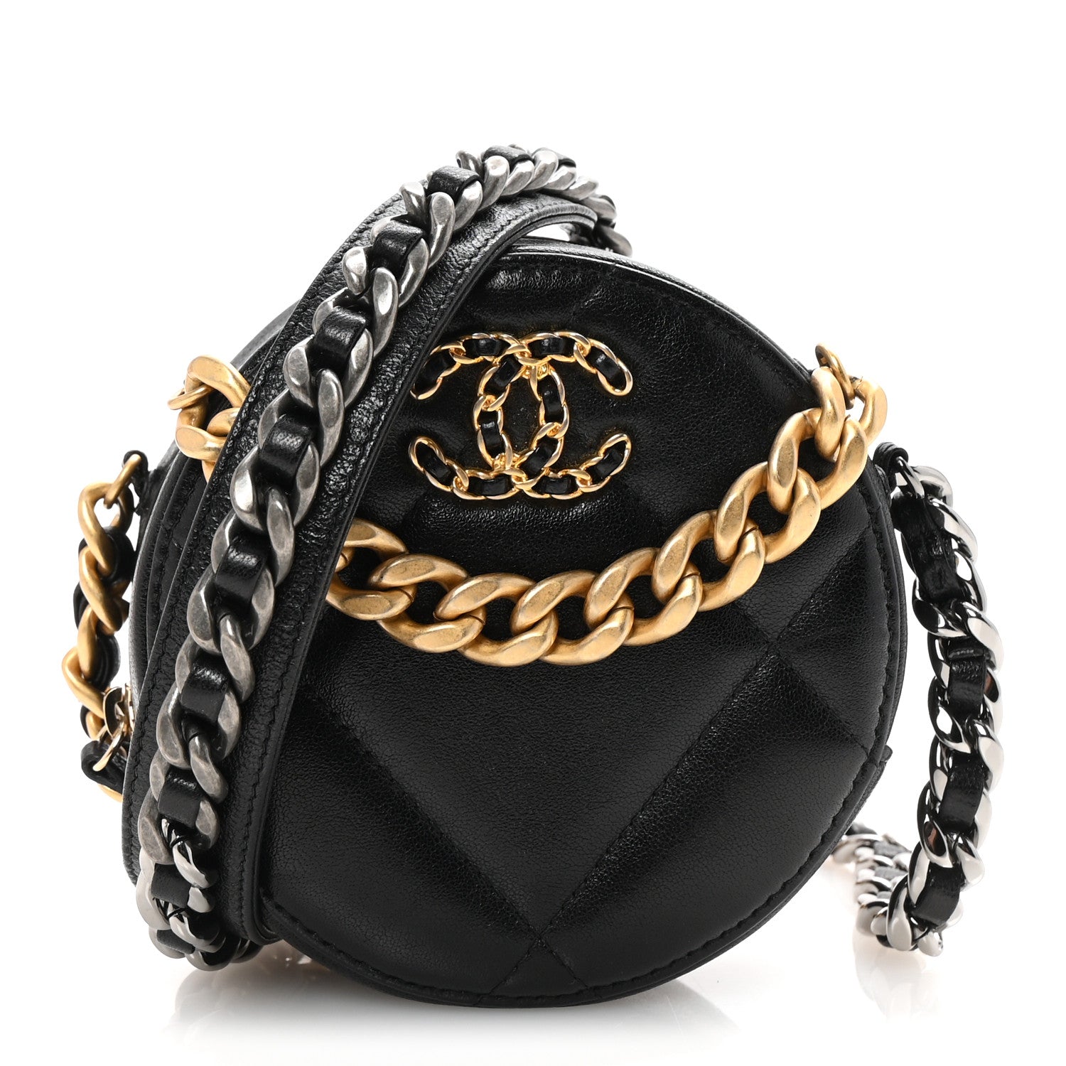 Lambskin Quilted Chanel 19 Round Clutch With Chain Black