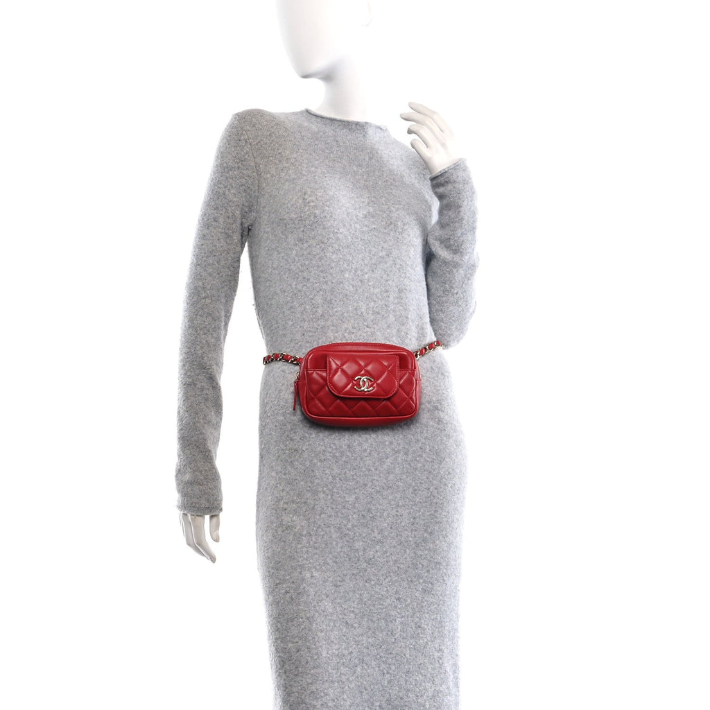 Lambskin Quilted Waist Bag With Pouch Red
