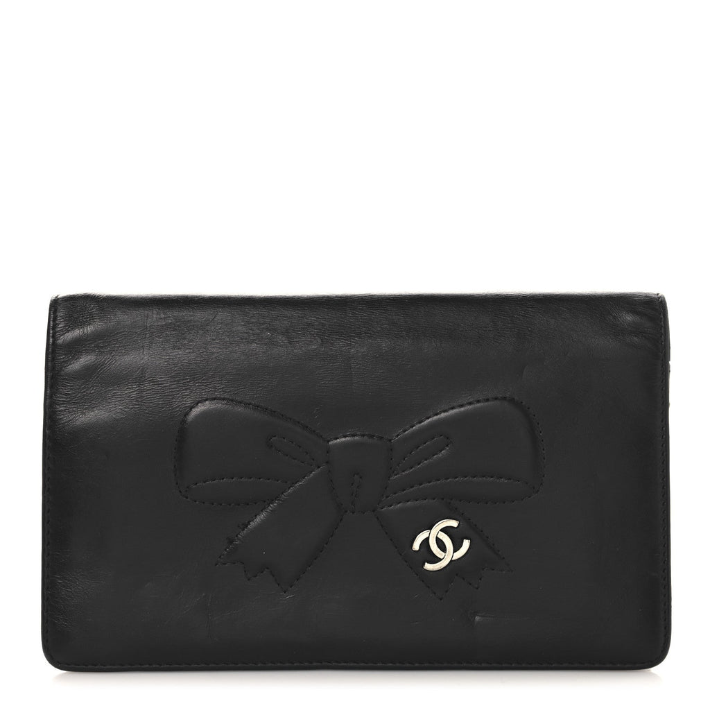 Lambskin Bow Stitched CC Yen Wallet Black