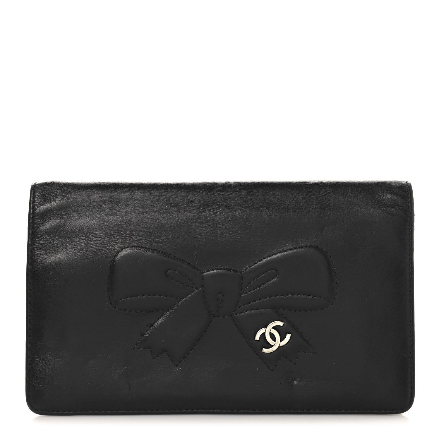 Lambskin Bow Stitched CC Yen Wallet Black