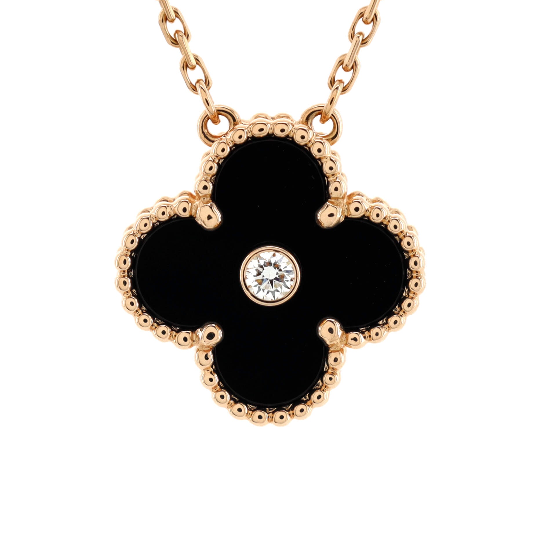 Vintage Alhambra Pendant Necklace 18K Rose Gold and Onyx with Diamond