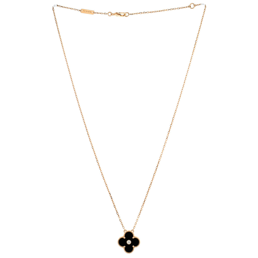 Vintage Alhambra Pendant Necklace 18K Rose Gold and Onyx with Diamond