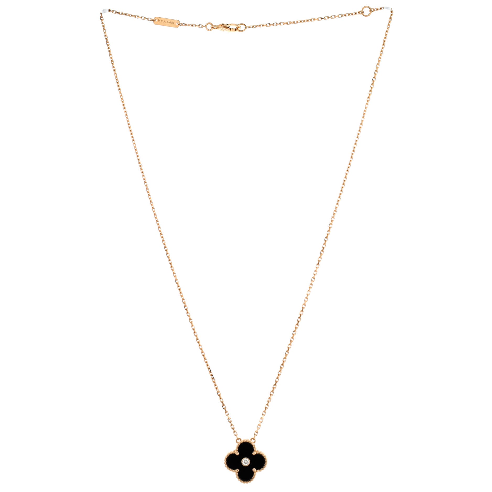 Vintage Alhambra Pendant Necklace 18K Rose Gold and Onyx with Diamond