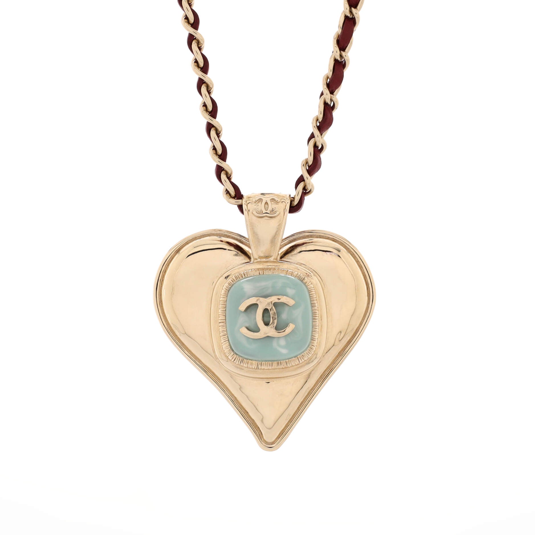 CC Heart Pendant Chain Necklace Metal with Leather and Resin