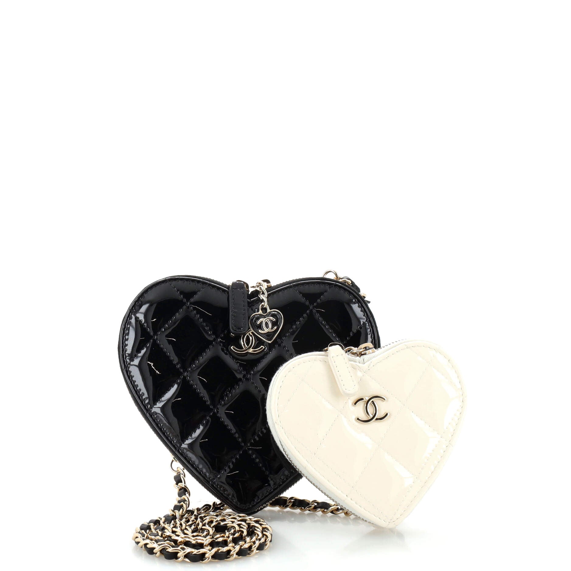 Double Heart Clutch with Chain Quilted Patent