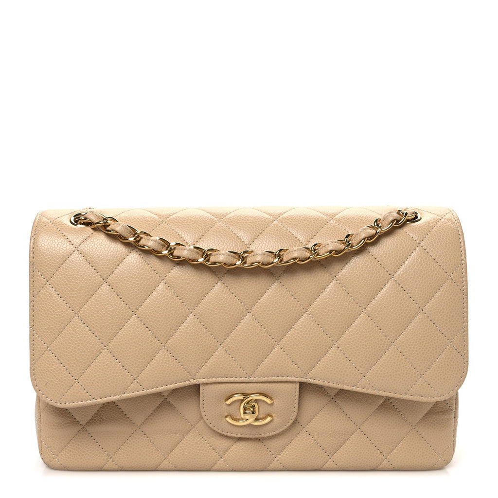 Caviar Quilted Jumbo Double Flap Beige