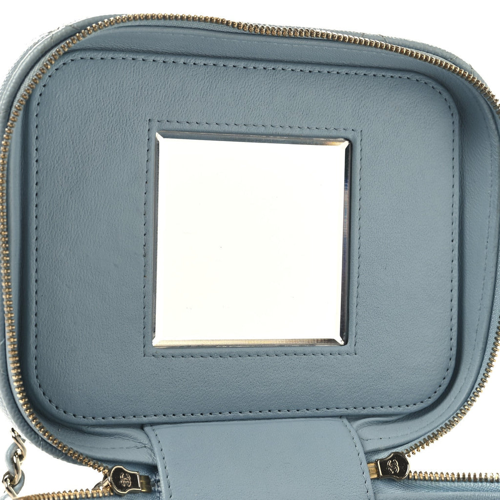 Caviar Quilted Small Top Handle Vanity Case With Chain Light Blue