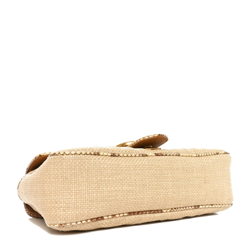 Raffia Elaphe Matelasse Small GG Marmont Shoulder Bag Natural Cream Brown