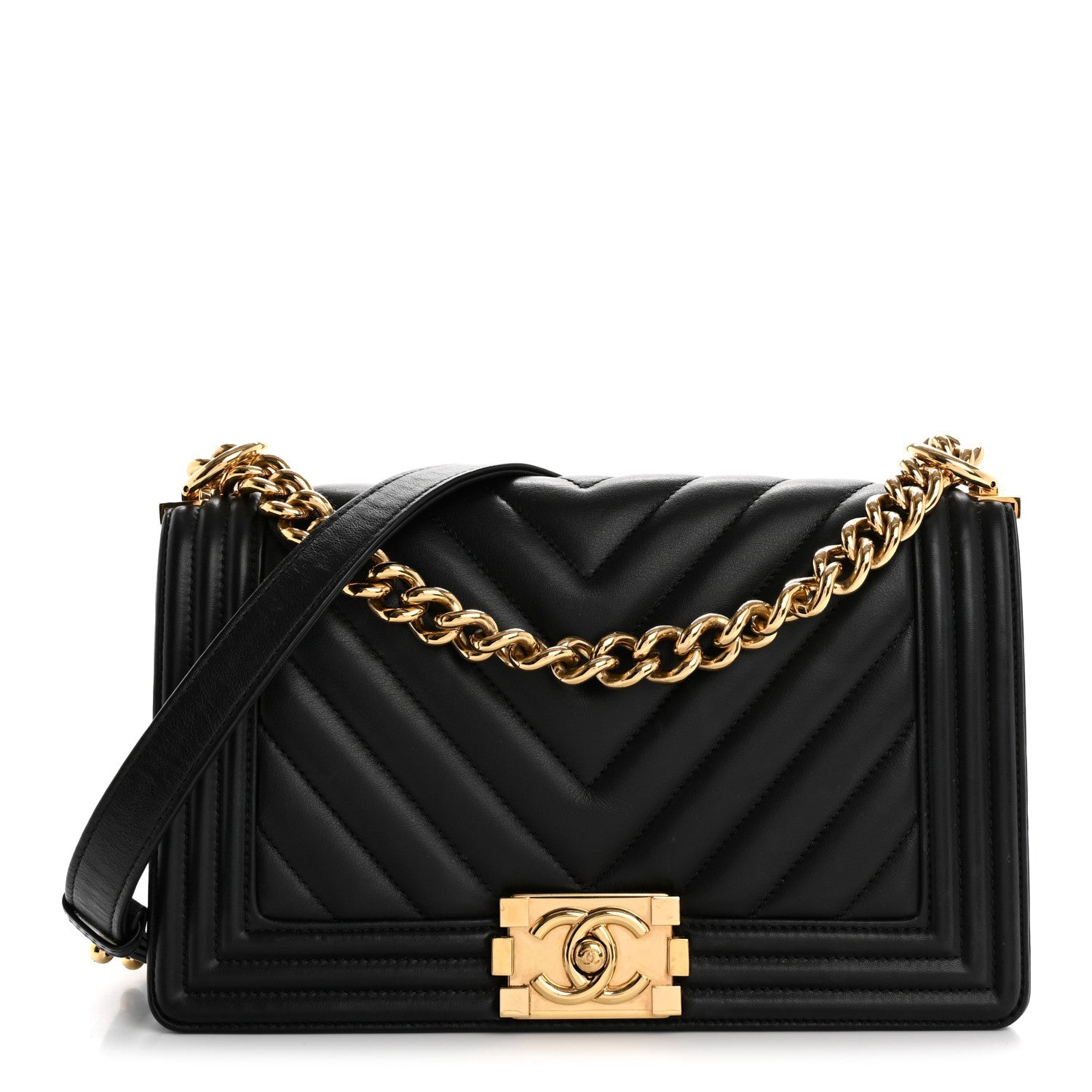 Calfskin Chevron Quilted Medium Boy Flap Black