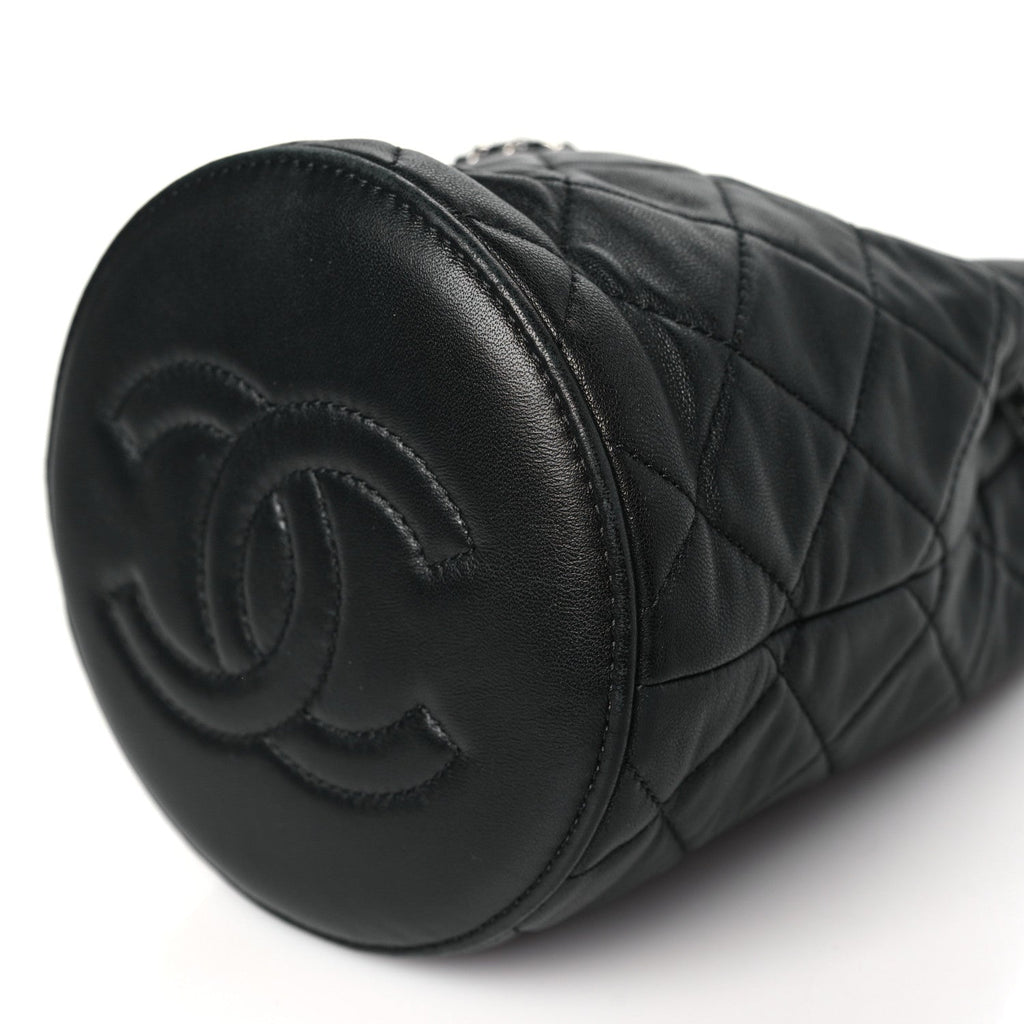 Lambskin Quilted CC Drawstring Bucket Bag Black