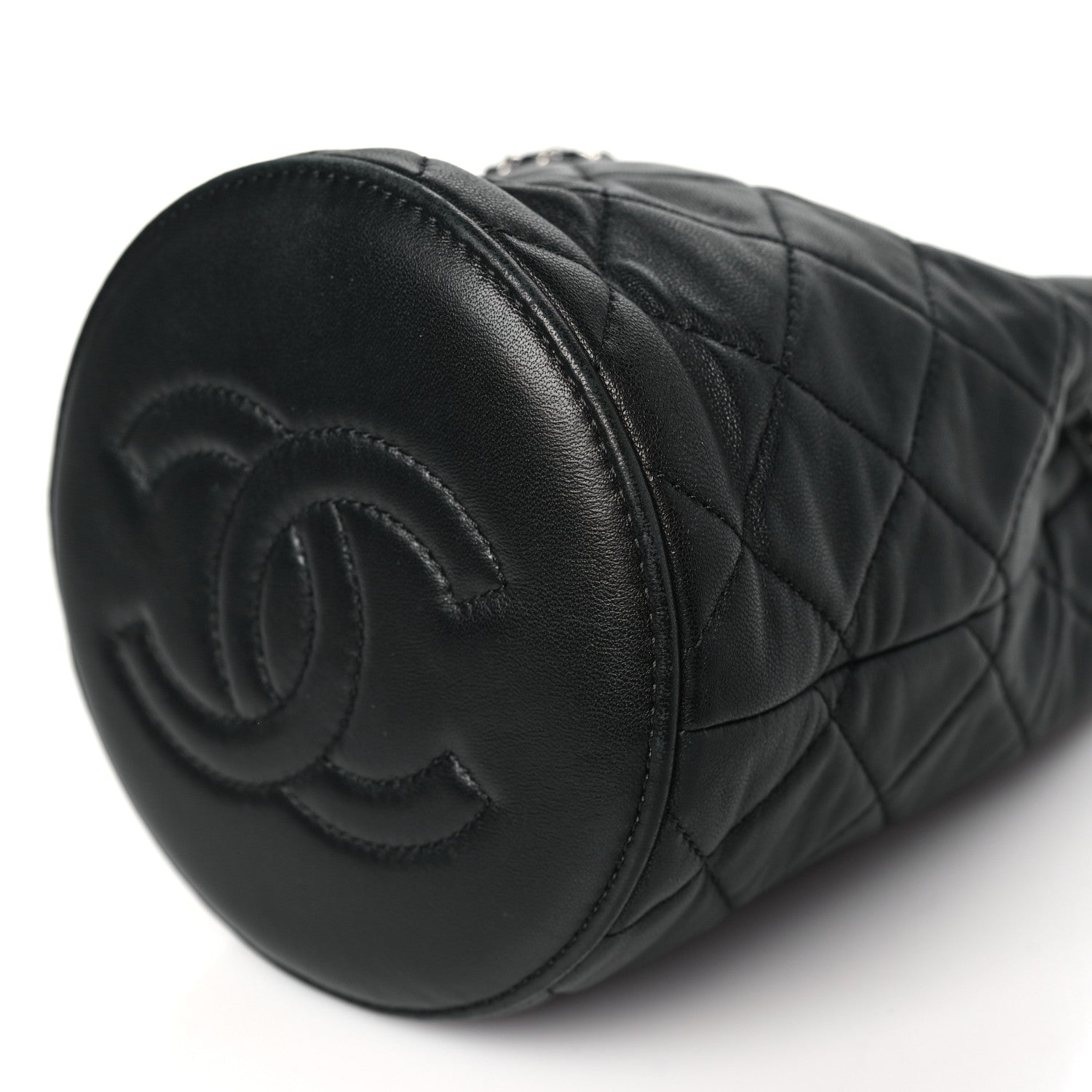 Lambskin Quilted CC Drawstring Bucket Bag Black