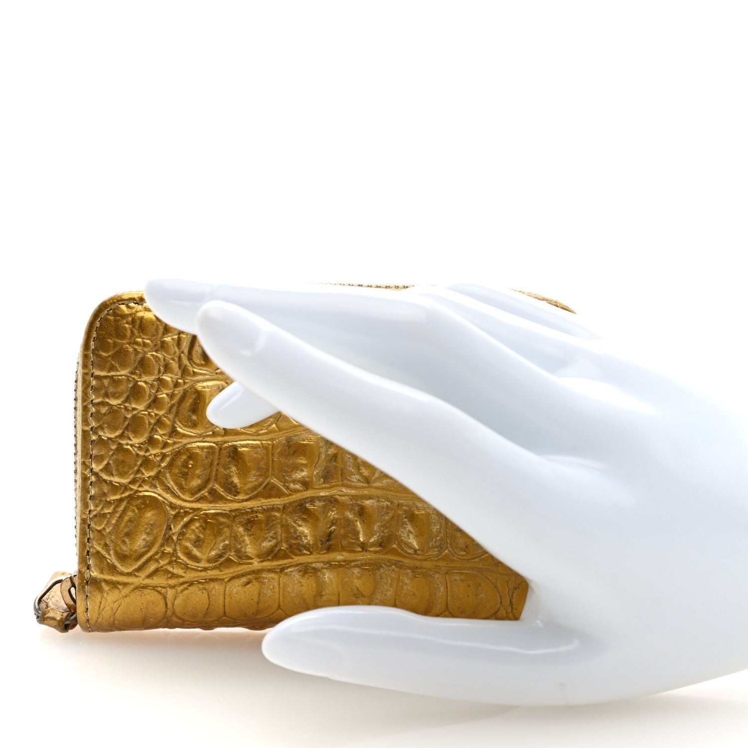 Metallic Calfskin Crocodile Embossed Cocodile Zip Coin Case Gold