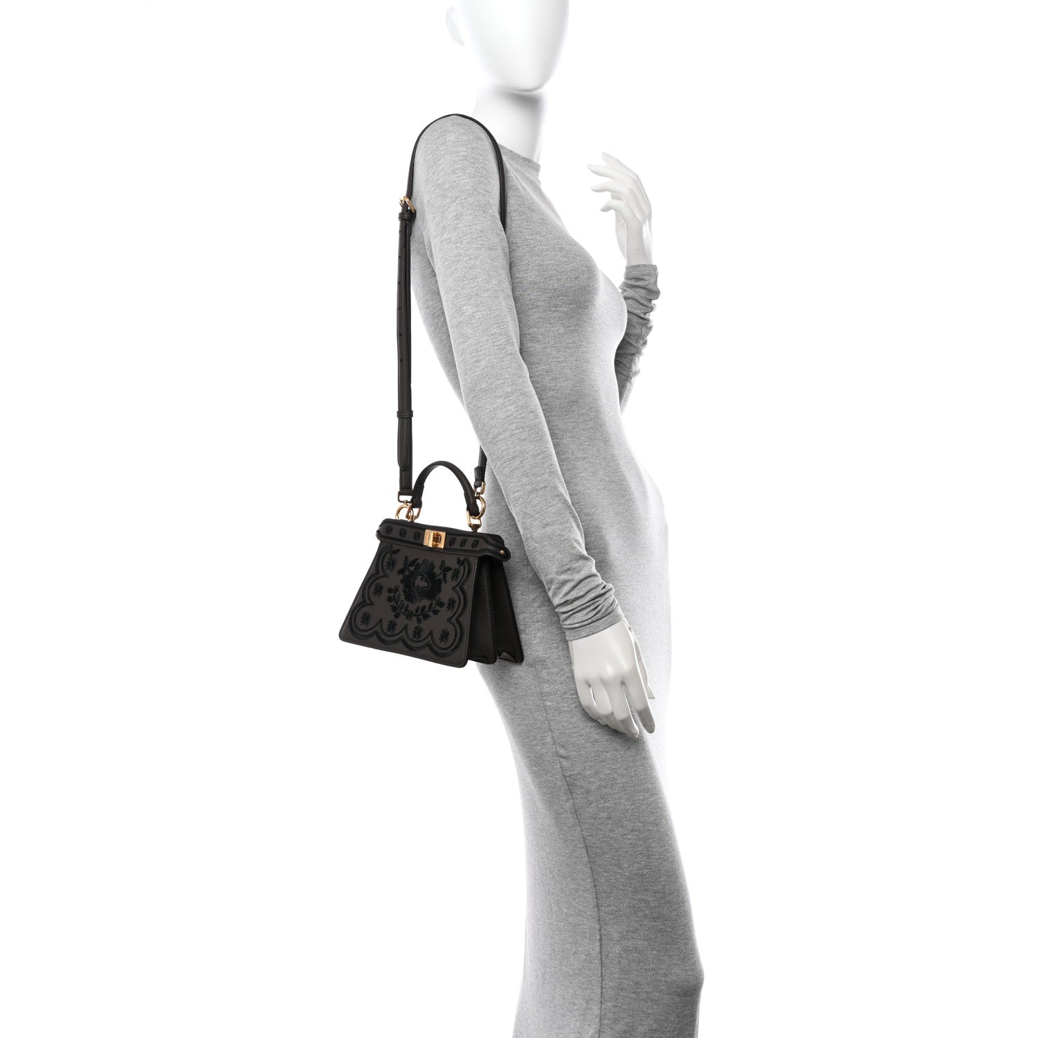 Vitello Seta Shiny Nappa Floral Embroidered Petite Peekaboo I SEE U Satchel Carbone Black