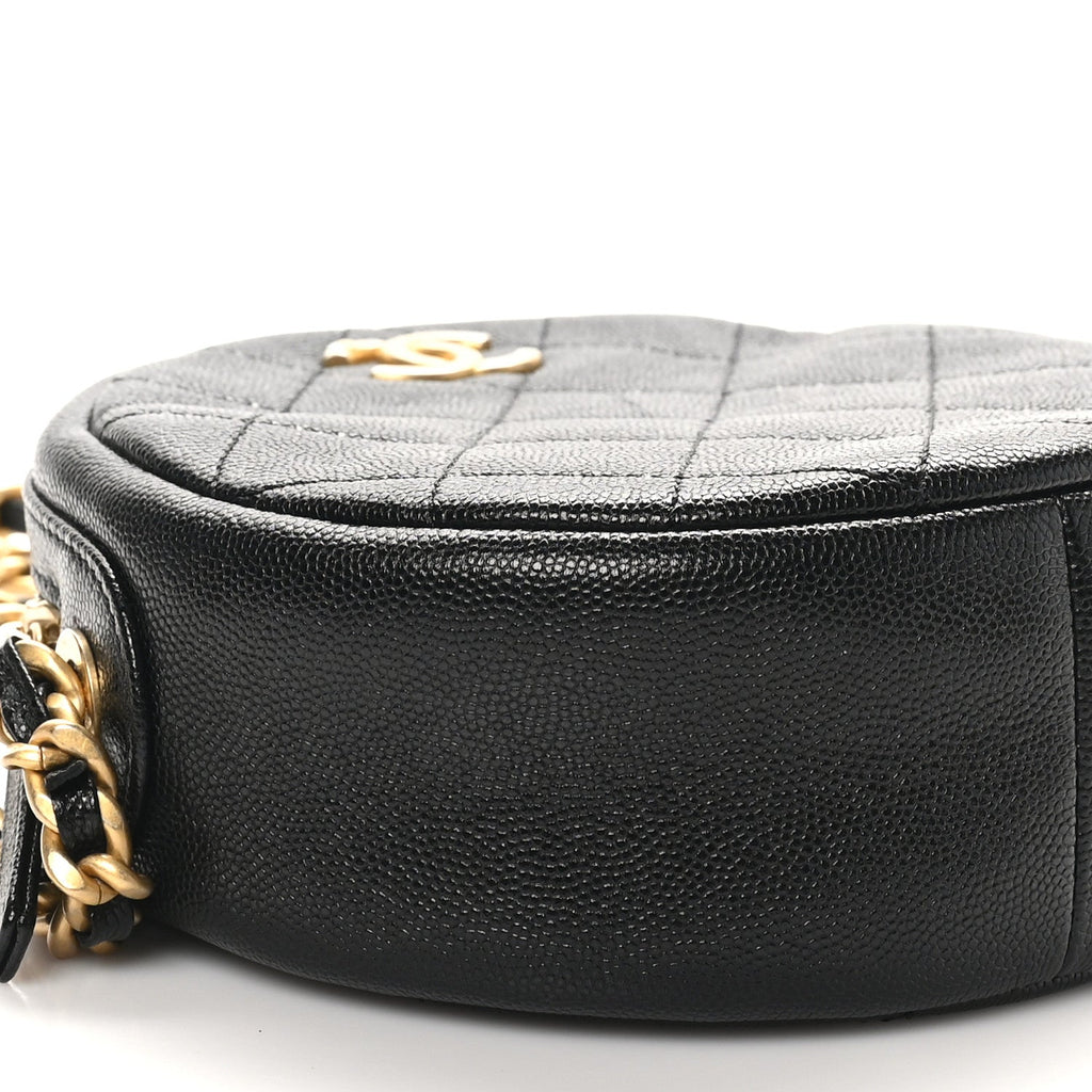 Caviar Quilted Small Round Bag With Chain Black