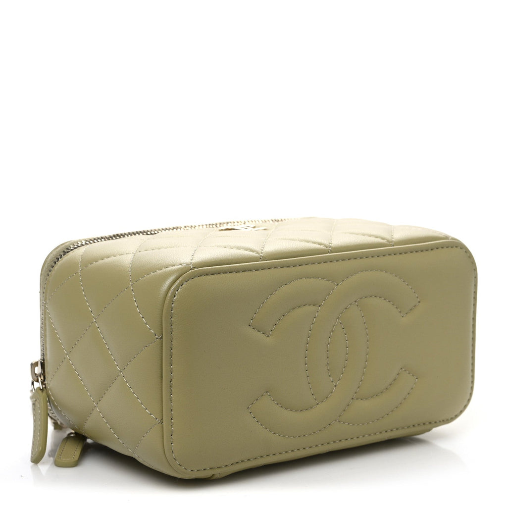 Lambskin Quilted Small Top Handle Vanity Case With Chain Light Green