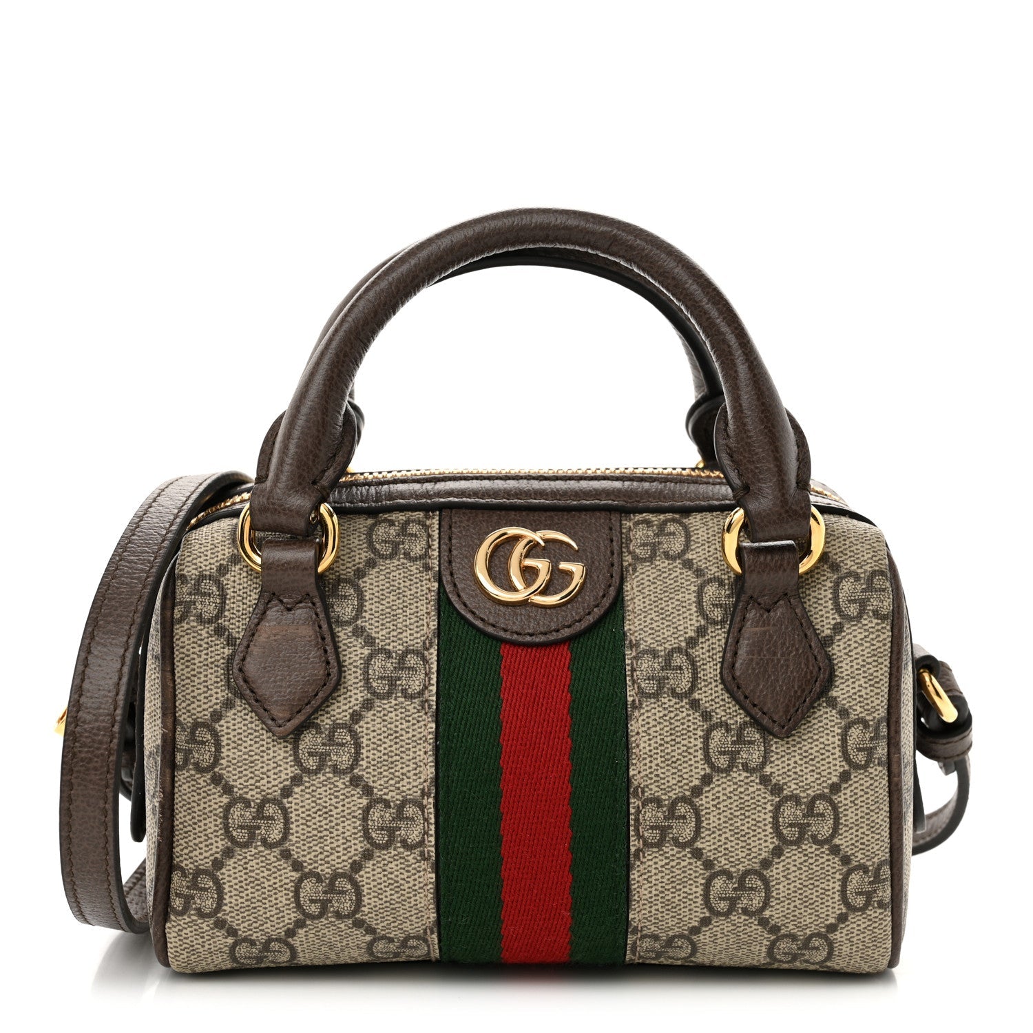 GG Supreme Monogram Textured Dollar Calfskin Web Super Mini Ophidia Top Handle Bowler Bag Beige Ebony New Acero