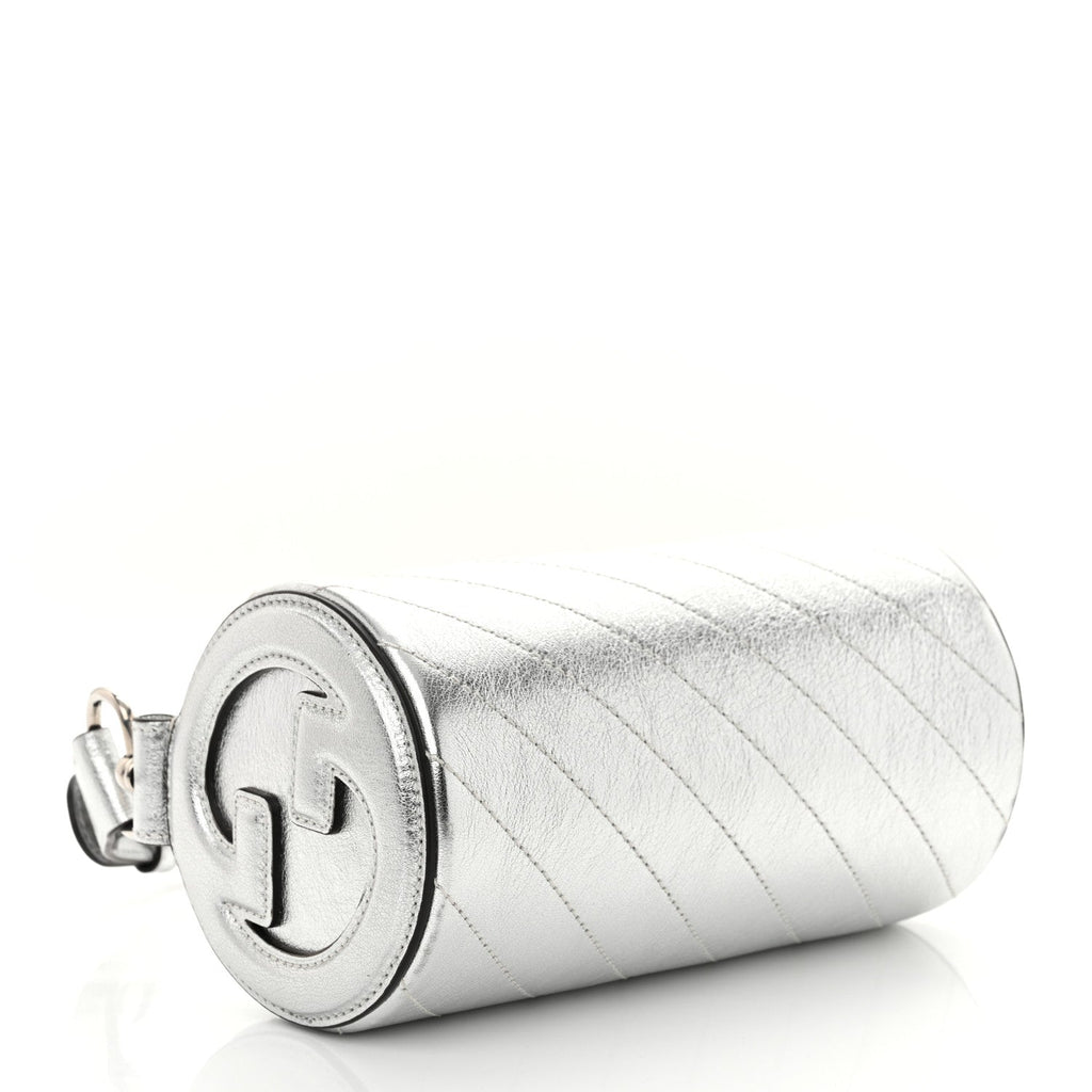 Sakai Be Green Calfskin Diagonal Stitched Mini Blondie Barrel Shoulder Bag Silver