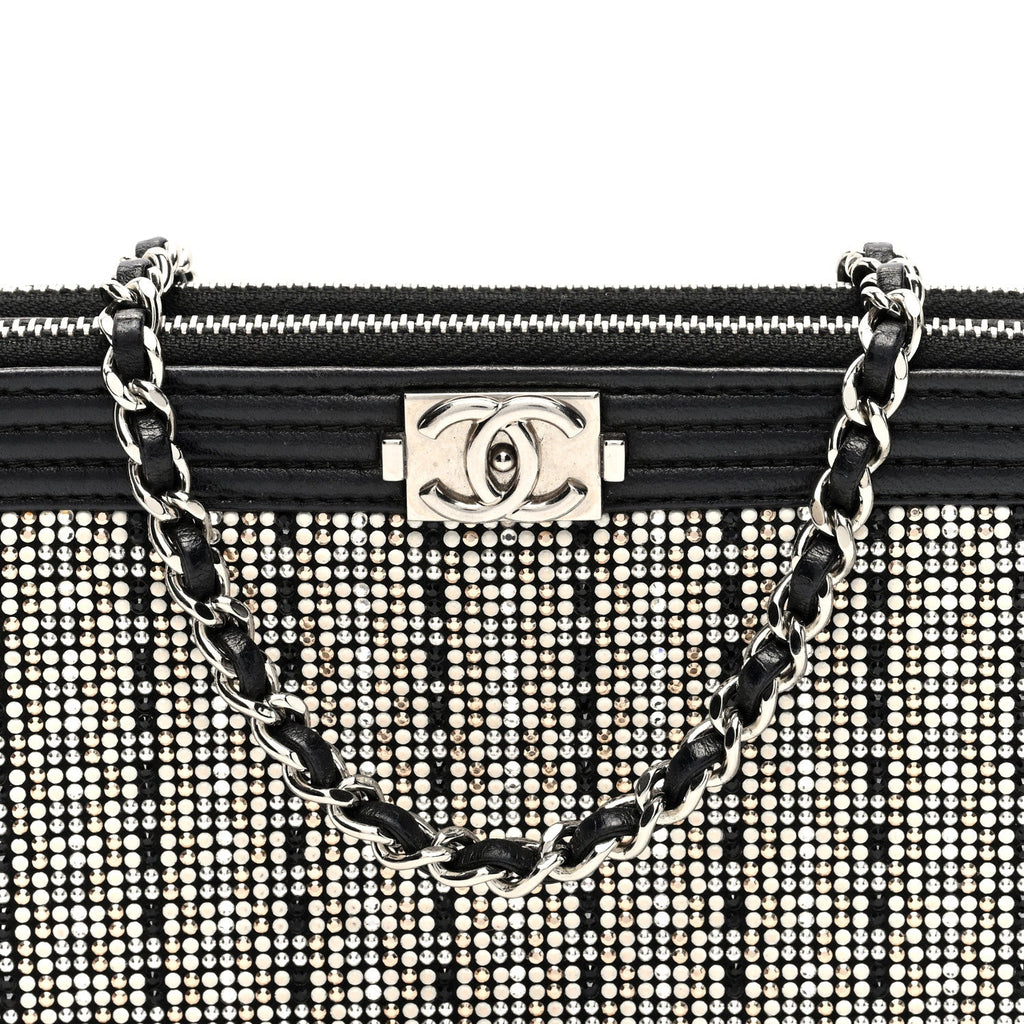 Calfskin Crystal Studded Small Boy Clutch With Chain Black
