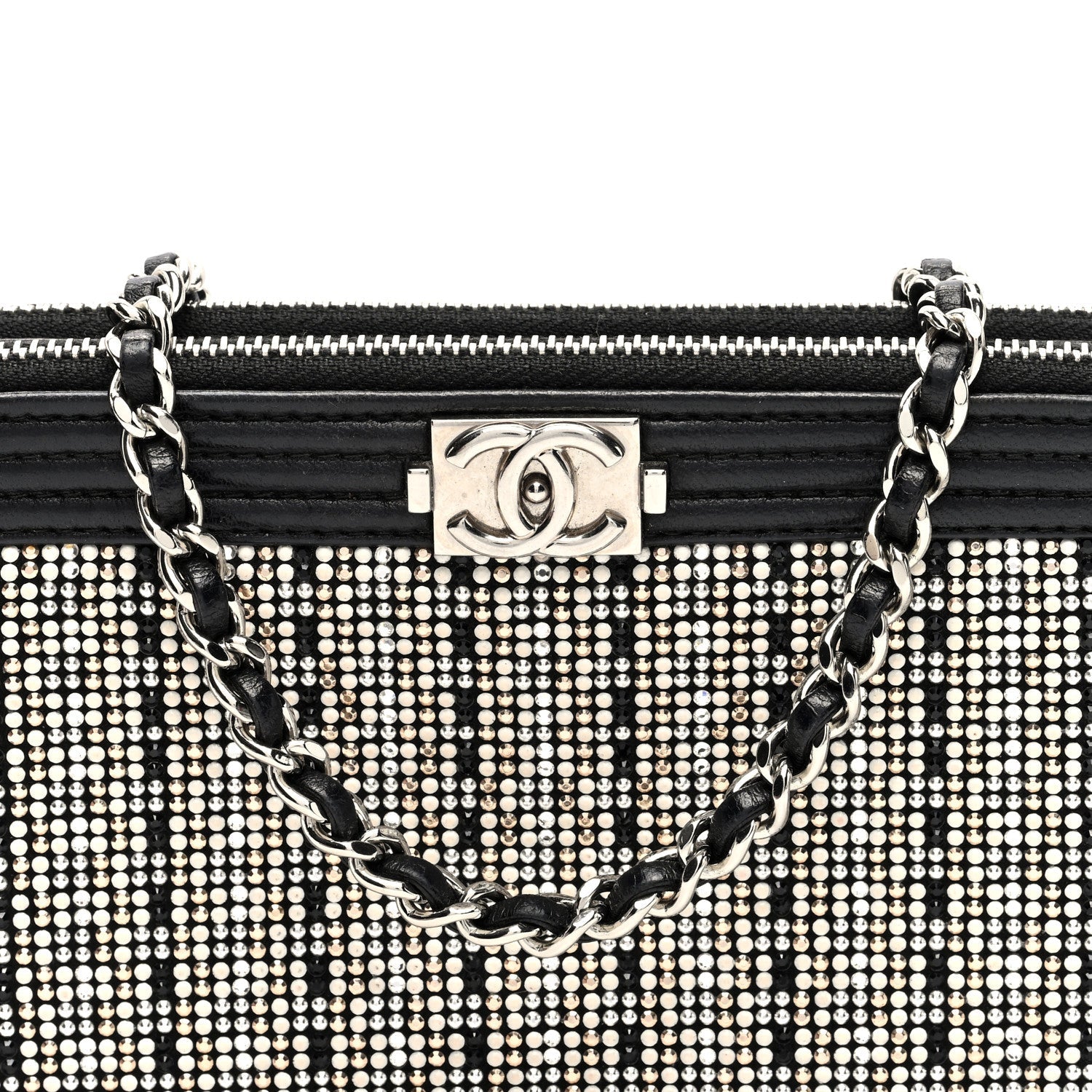 Calfskin Crystal Studded Small Boy Clutch With Chain Black
