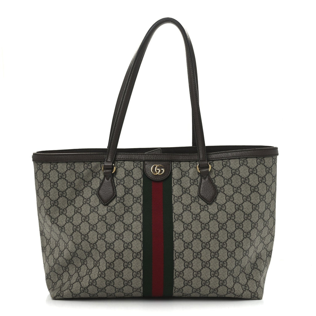 GG Supreme Monogram Textured Calfskin Web Medium Ophidia Shopping Tote Beige Ebony New Acero