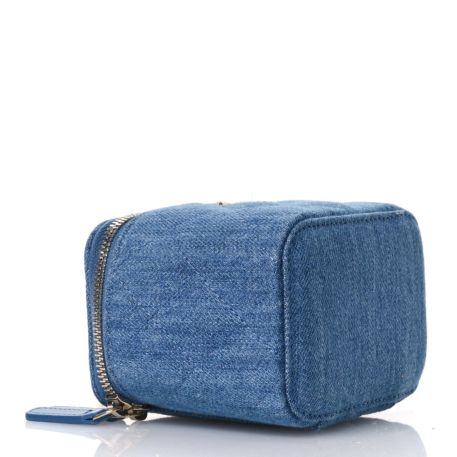 Denim Quilted Mini Pearl Crush Vanity Case With Chain