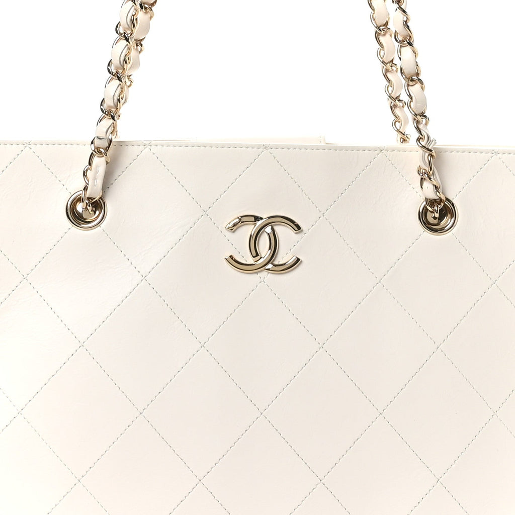 Glazed Calfskin Stitched Shopping Tote White