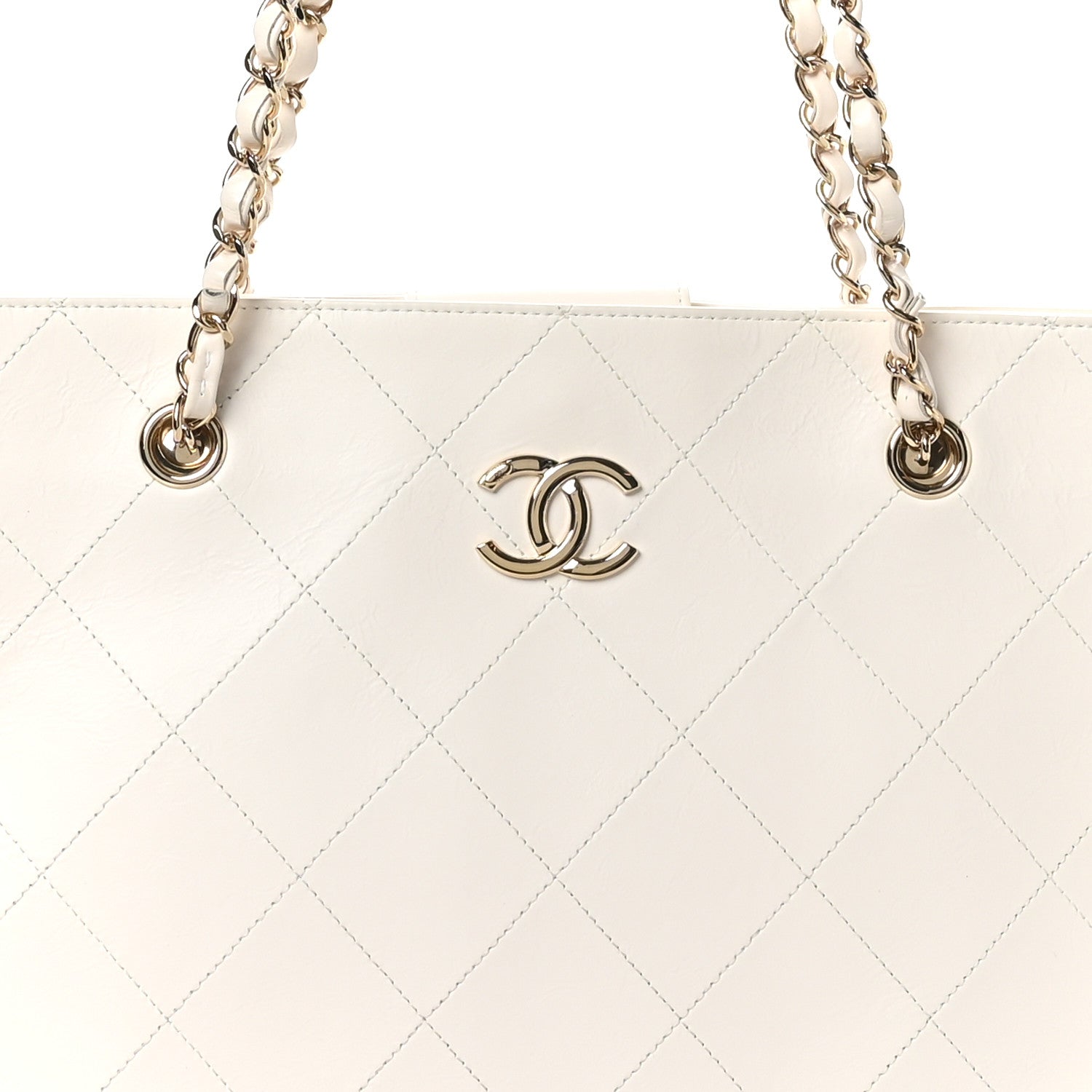 Glazed Calfskin Stitched Shopping Tote White