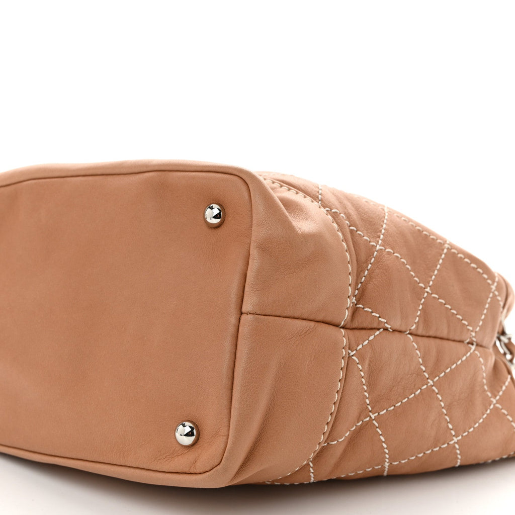 Lambskin Contrast Stitch Small Drawstring Tote Dark Beige