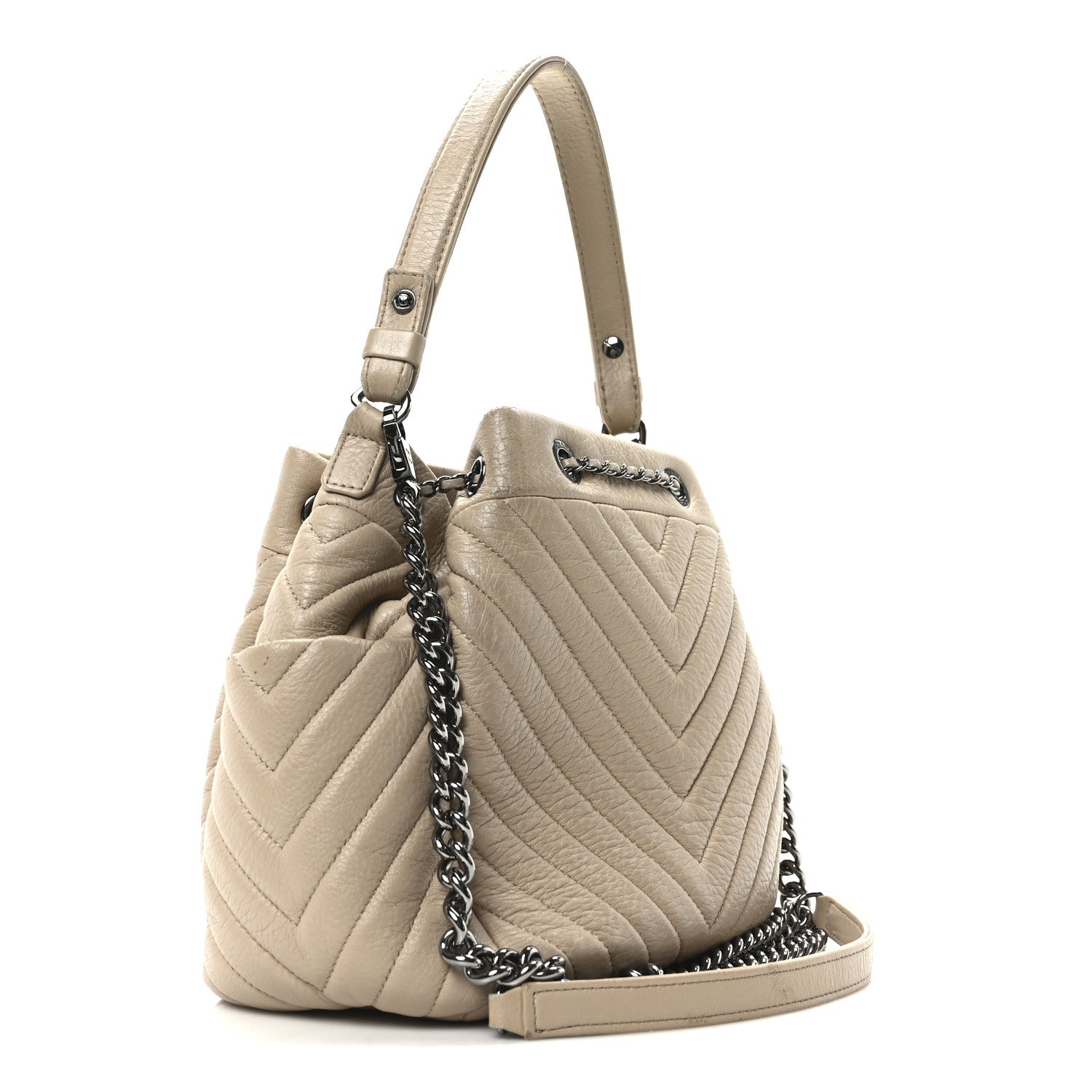 Deerskin Chevron Small CC Chain Bucket Bag Beige