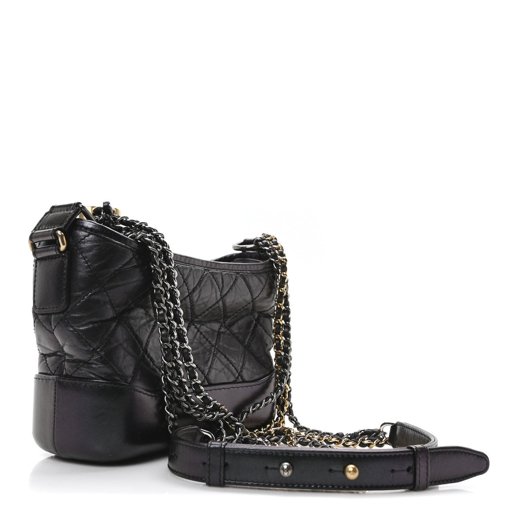 Iridescent Aged Calfskin Quilted Small Gabrielle Hobo Black