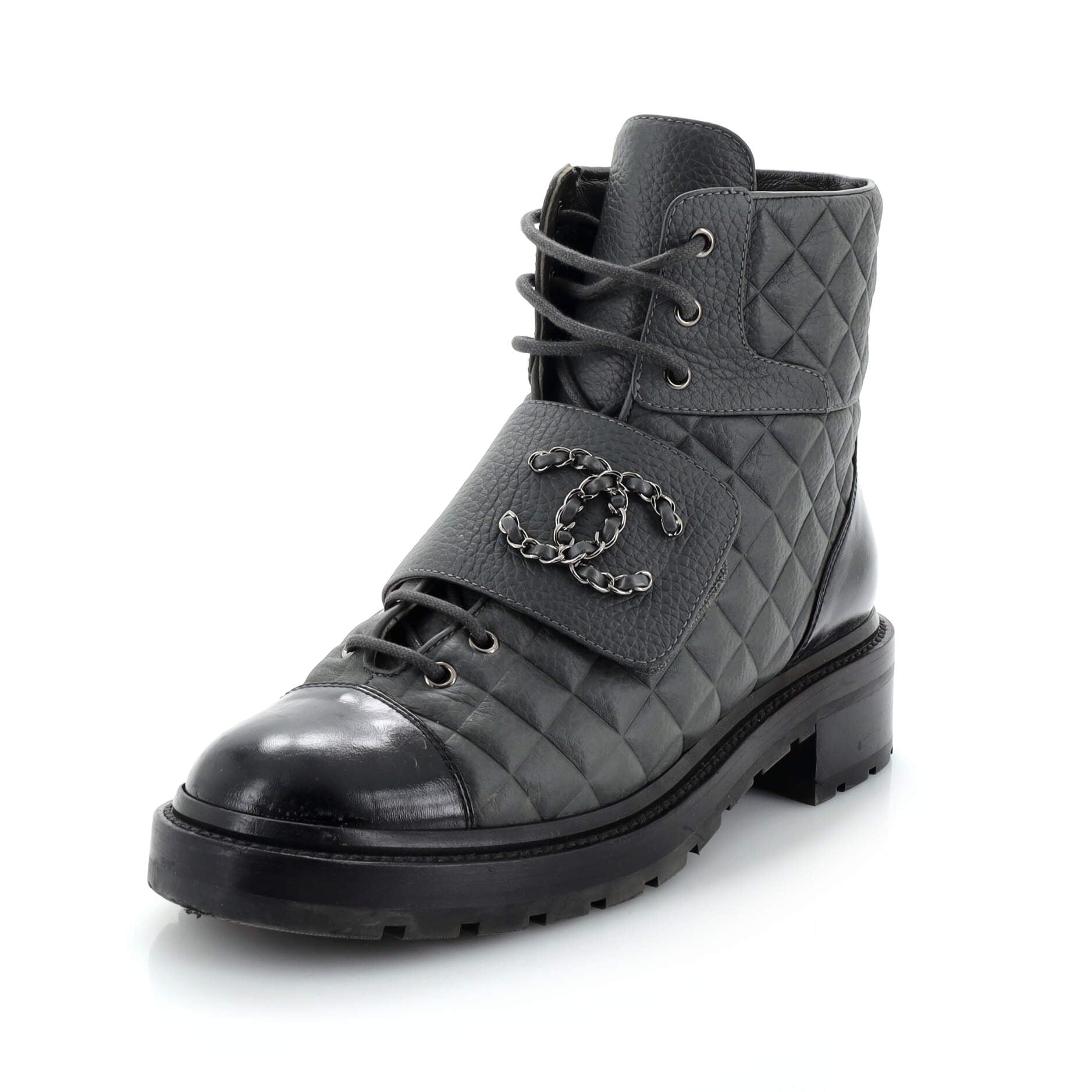 Women's Chain CC Cap Toe Lace Up Combat Boots Quilted Leather