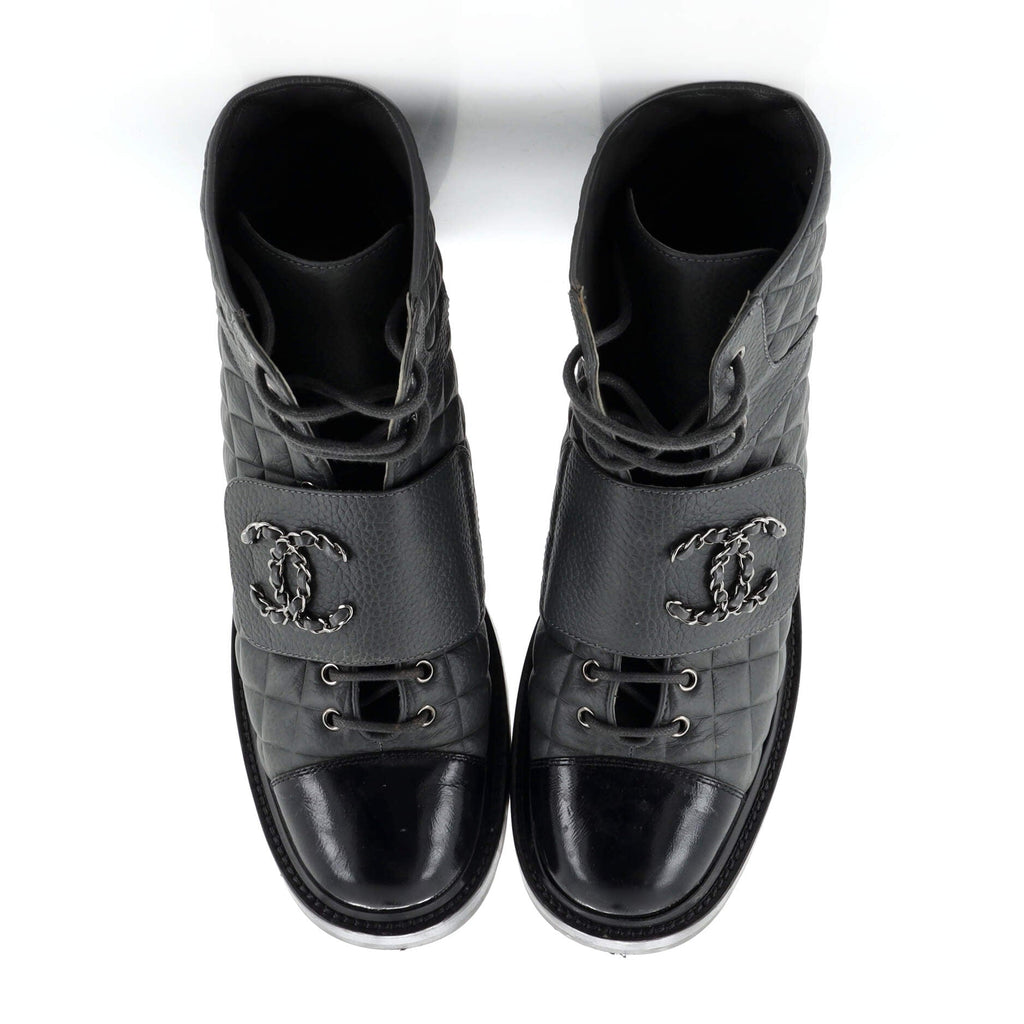 Women's Chain CC Cap Toe Lace Up Combat Boots Quilted Leather