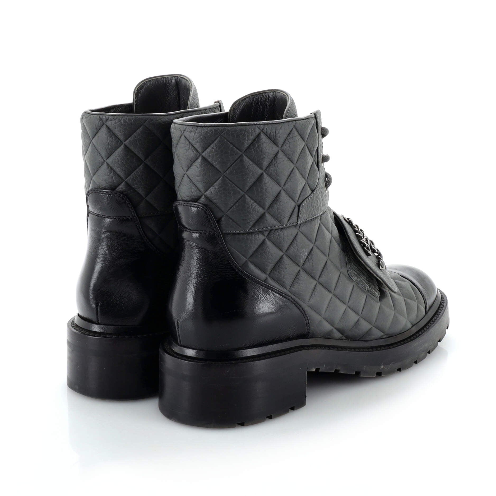 Women's Chain CC Cap Toe Lace Up Combat Boots Quilted Leather
