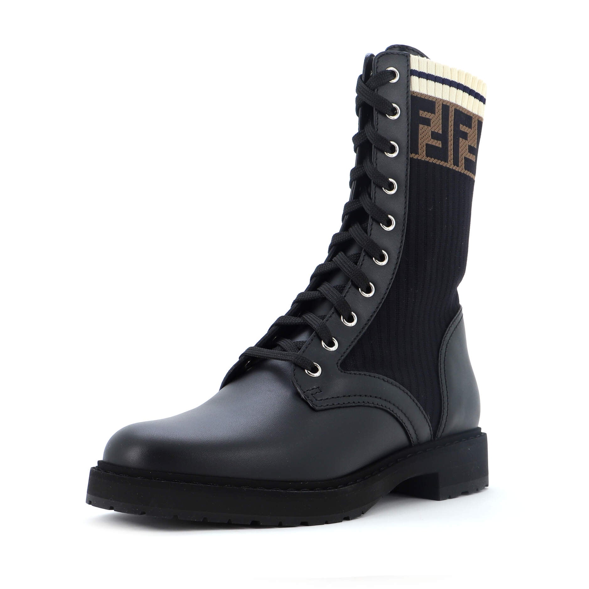 Women's Rockoko Combat Boots Leather with Knit Stretch Fabric and Zucca Trim