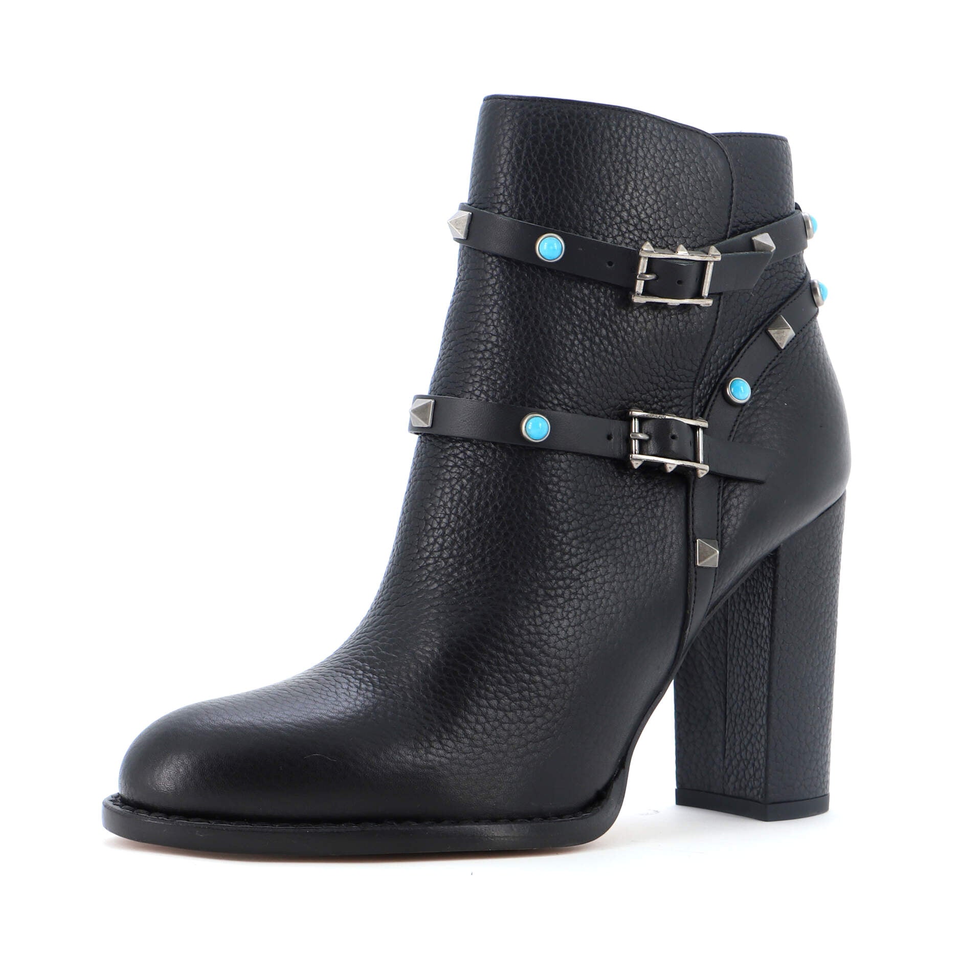 Women's Rockstud Buckle Block Heel Ankle Boots Leather