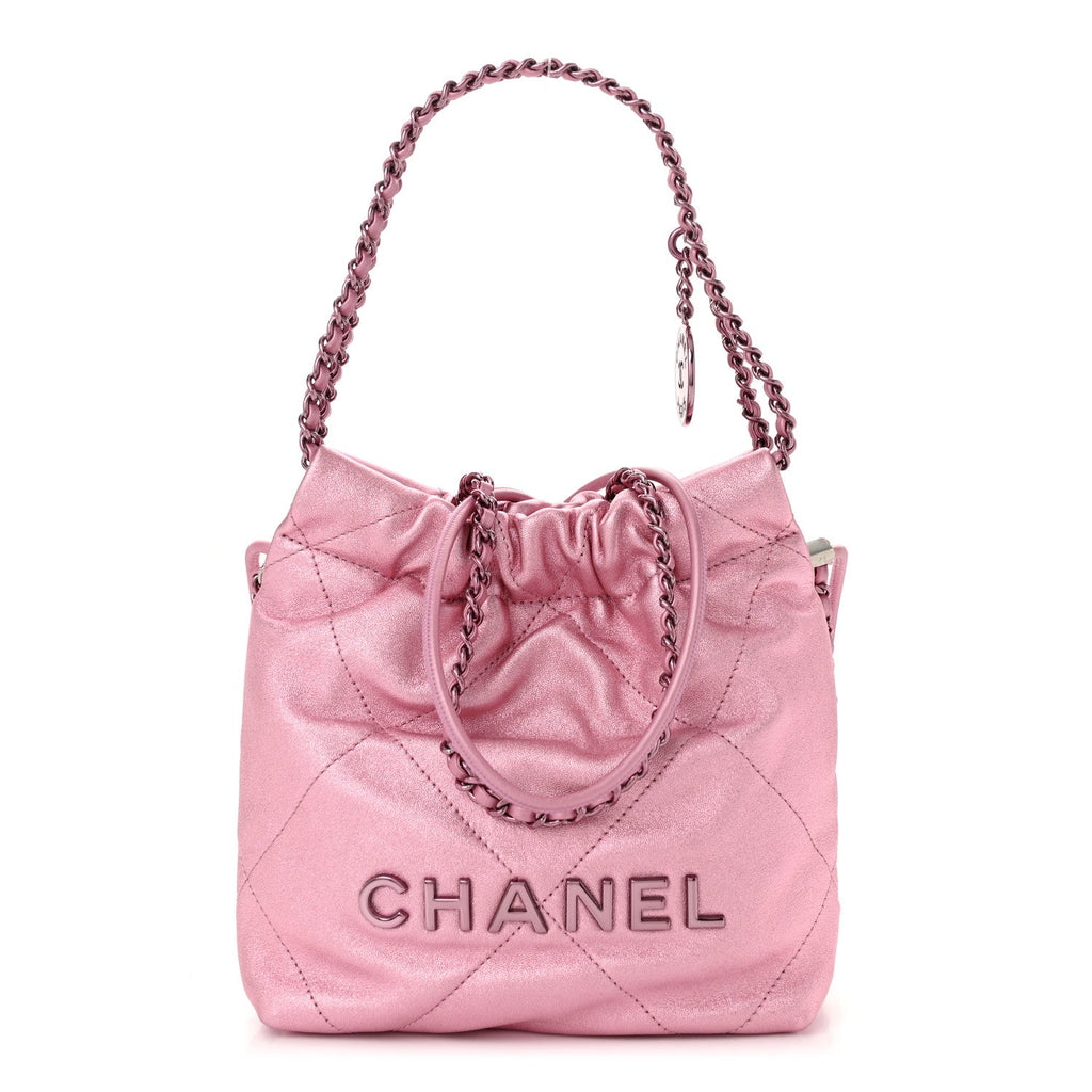 Metallic Lambskin Lacquered Monochrome Quilted Mini Chanel 22 Pink
