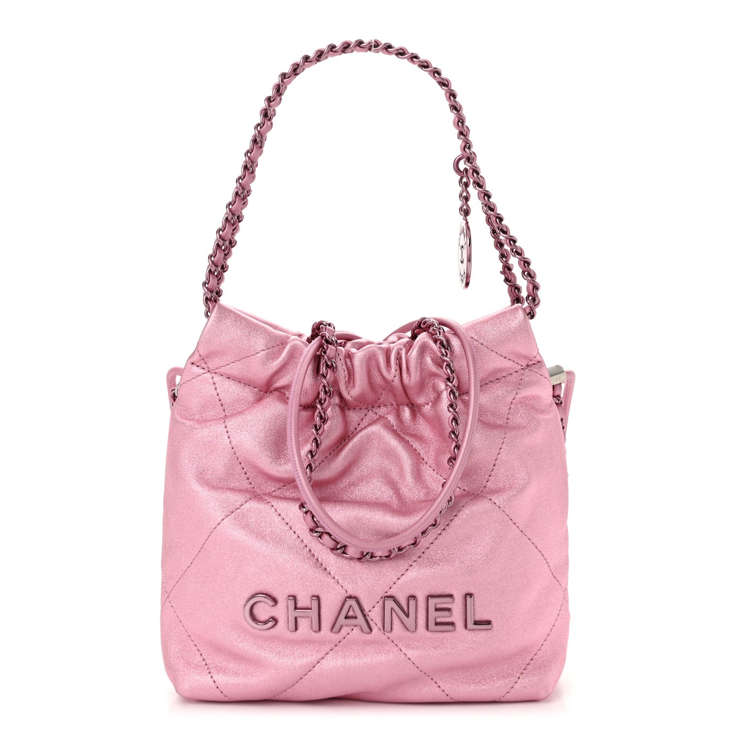 Metallic Lambskin Lacquered Monochrome Quilted Mini Chanel 22 Pink