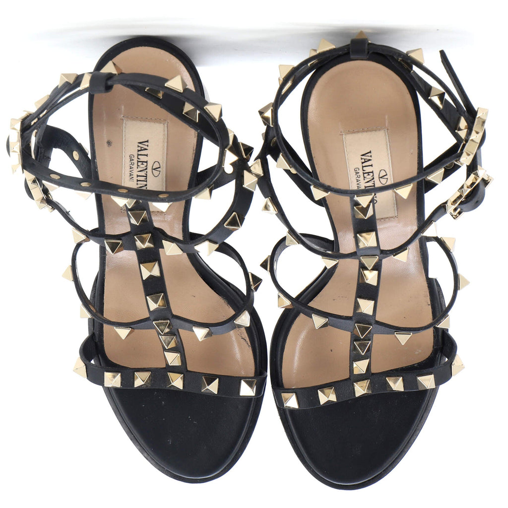 Women's Rockstud Caged Ankle Strap Block Heel Sandals Leather
