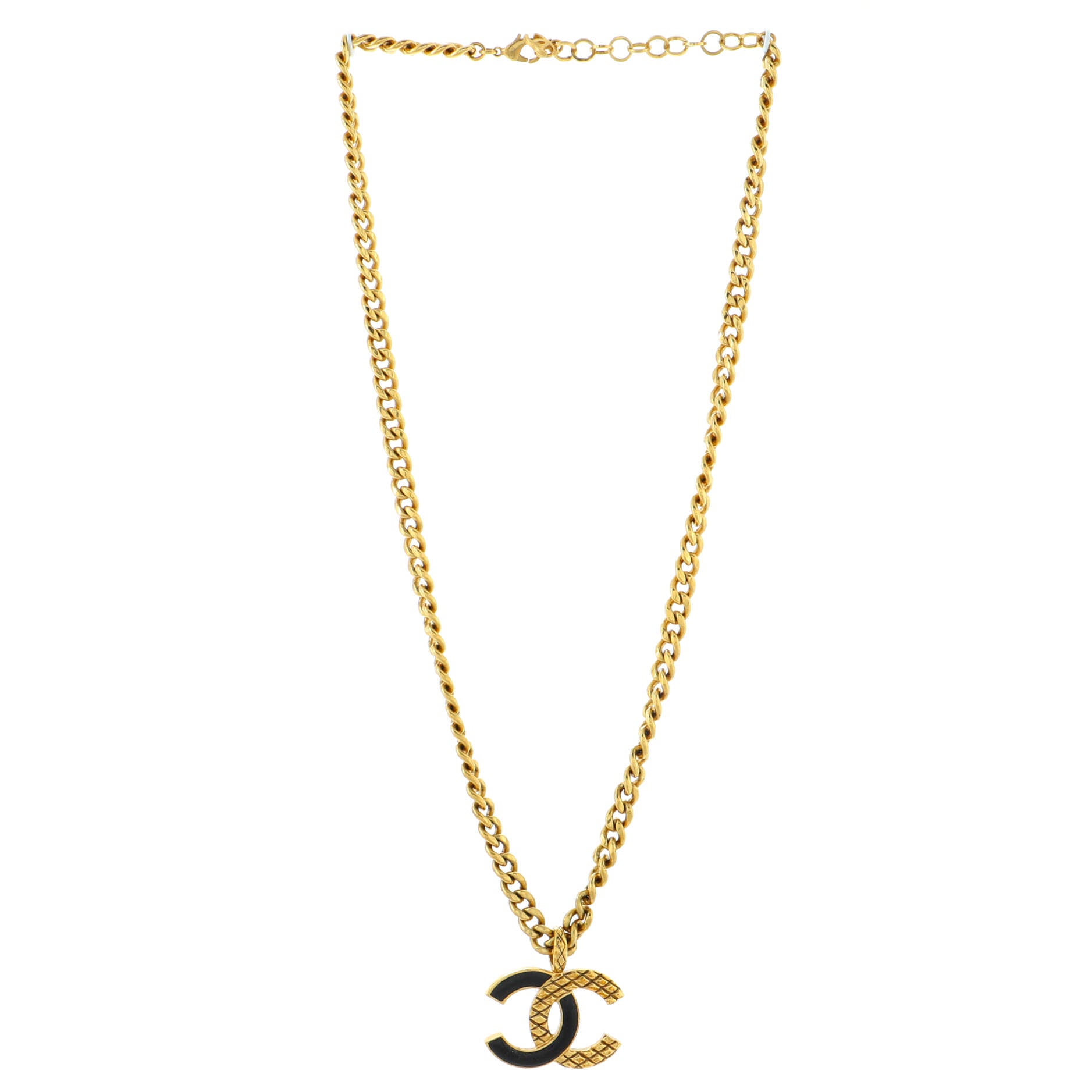 Quilted CC Curb Chain Pendant Necklace Metal with Enamel
