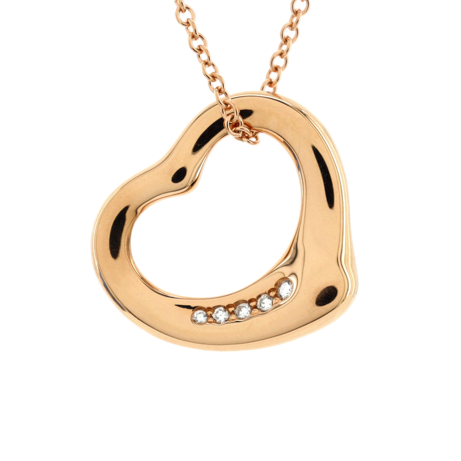 Elsa Peretti Open Heart 5 Diamonds Pendant Necklace 18K Rose Gold with Diamonds