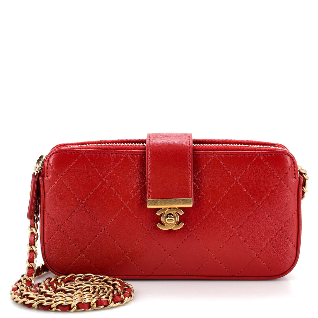 CC Box Turn Lock Double Zip Clutch with Chain Quilted Calfskin