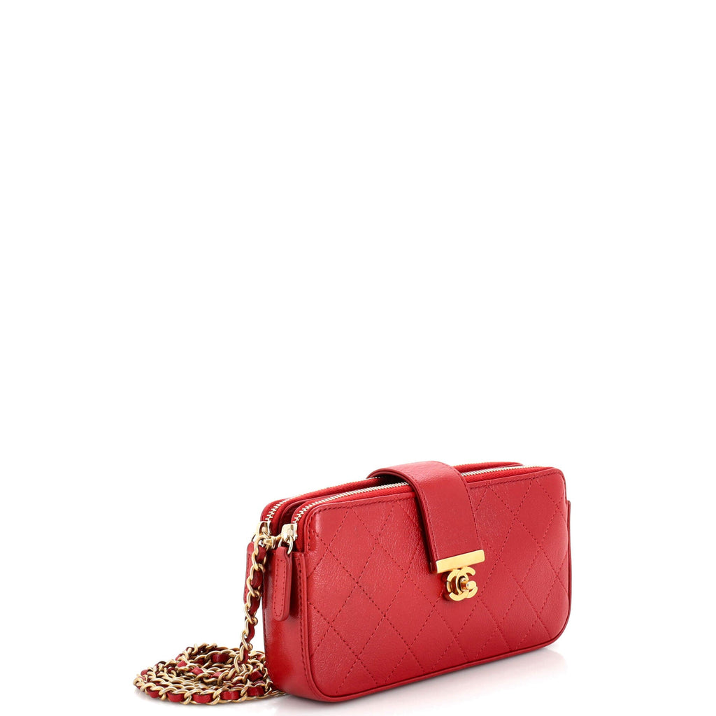 CC Box Turn Lock Double Zip Clutch with Chain Quilted Calfskin