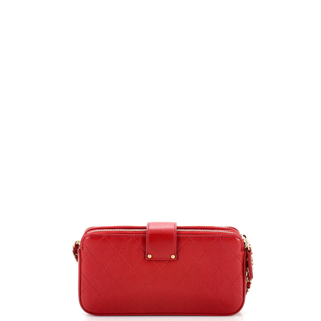CC Box Turn Lock Double Zip Clutch with Chain Quilted Calfskin