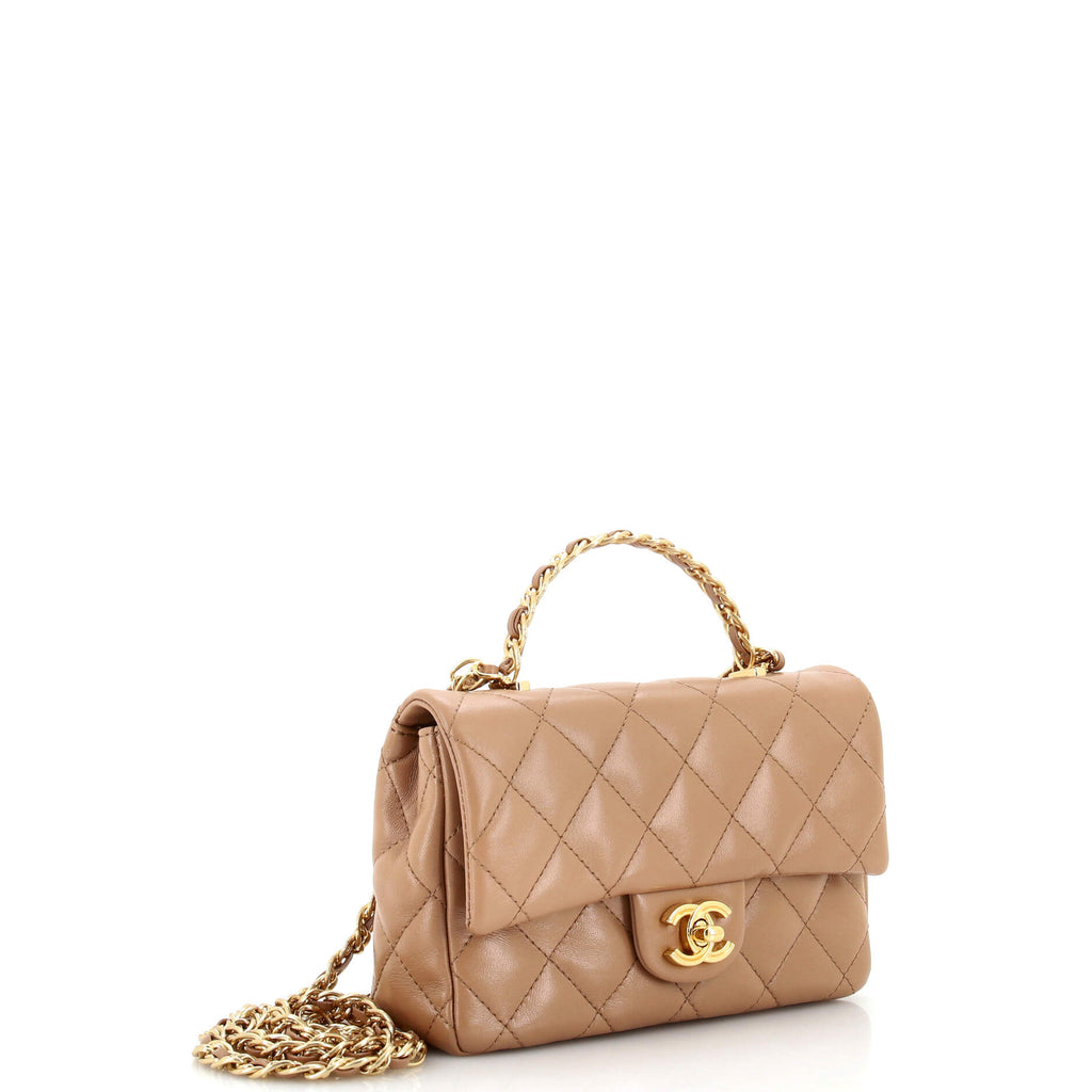 Crystal Chain Flap Top Handle Bag Quilted Lambskin Mini