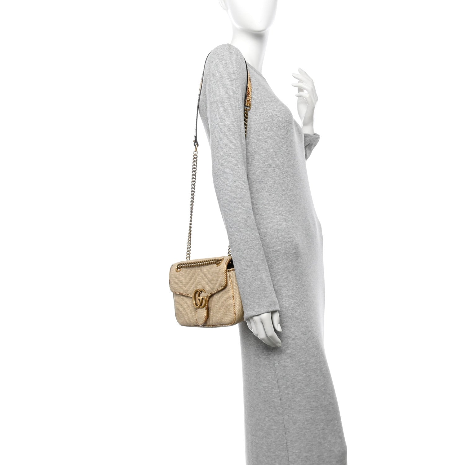 Raffia Elaphe Matelasse Small GG Marmont Shoulder Bag Natural Cream Brown